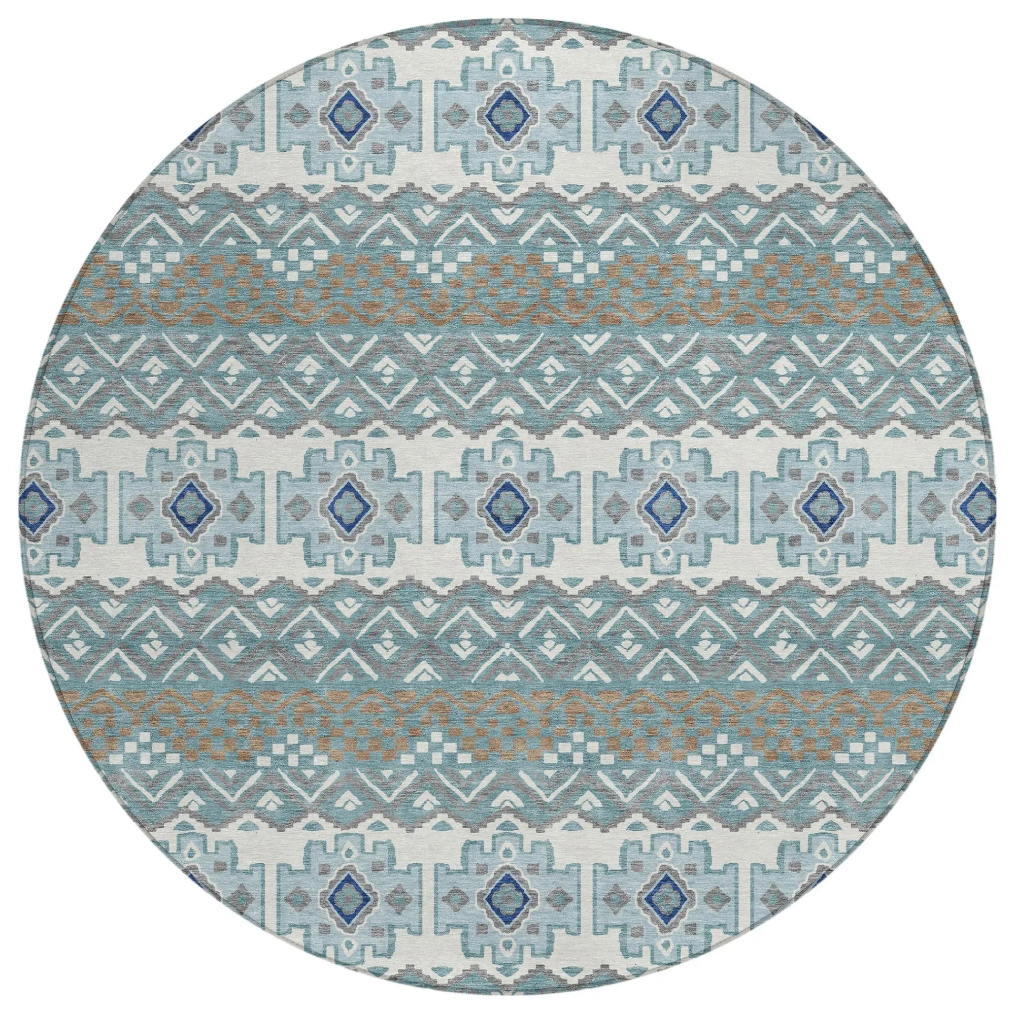 8' Teal Blue And Pewter Round Striped Washable Indoor Outdoor Area Rug Homeroots Outdoor