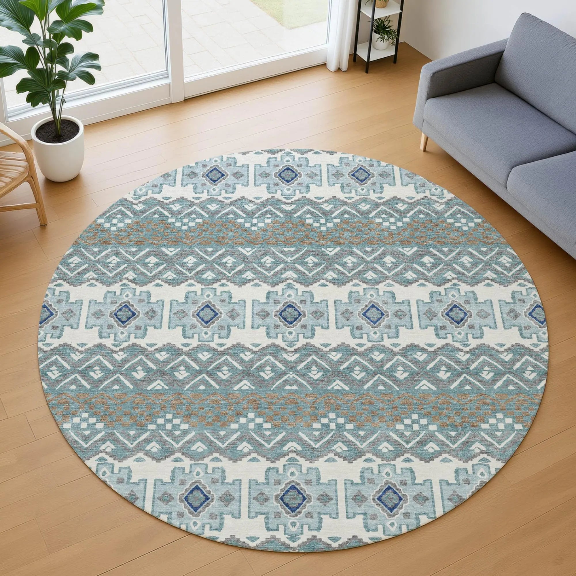 8' Teal Blue And Pewter Round Striped Washable Indoor Outdoor Area Rug Homeroots Outdoor