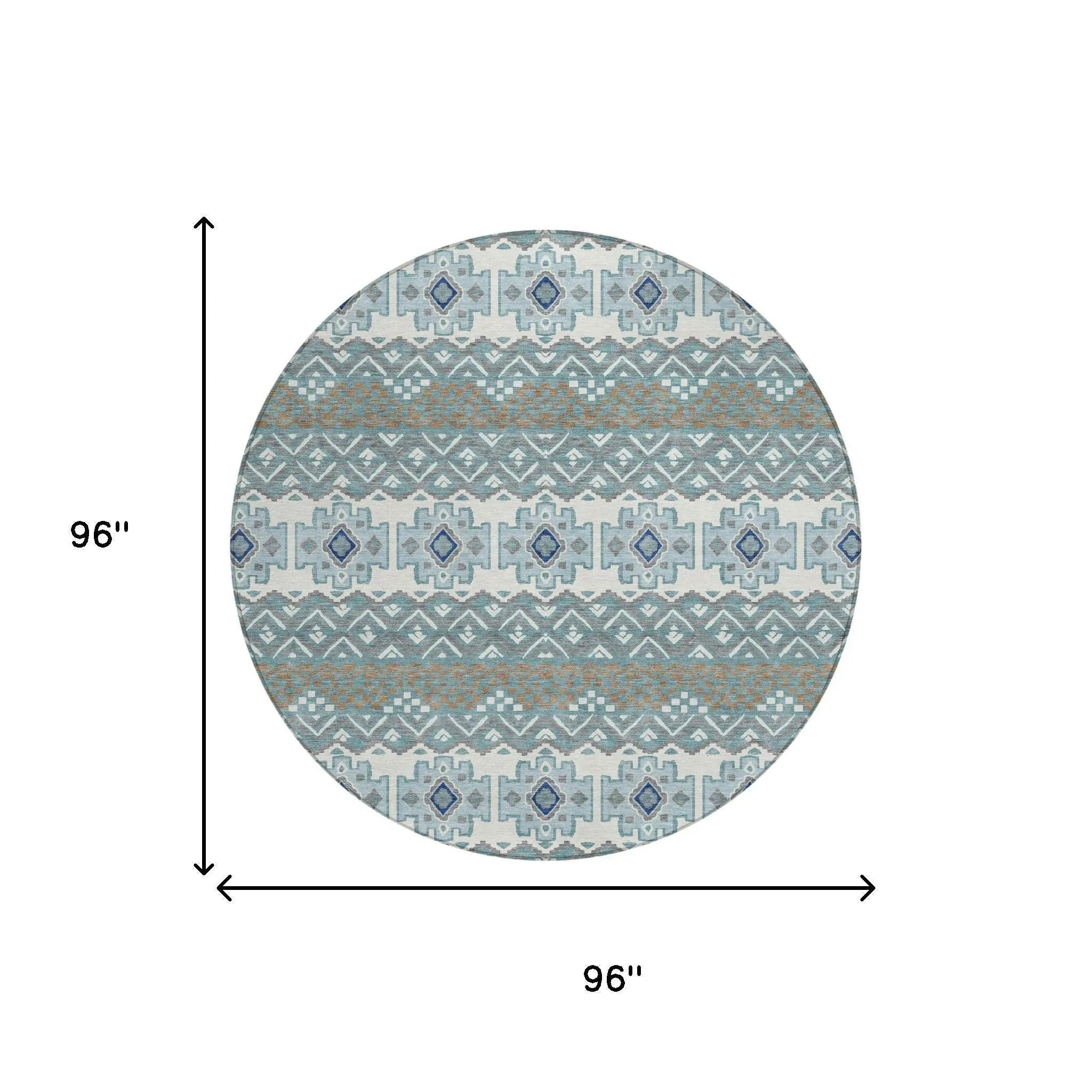 8' Teal Blue And Pewter Round Striped Washable Indoor Outdoor Area Rug Homeroots Outdoor