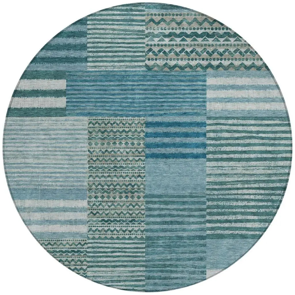 8' Teal Blue And Pewter Round Striped Washable Indoor Outdoor Area Rug Homeroots Outdoor