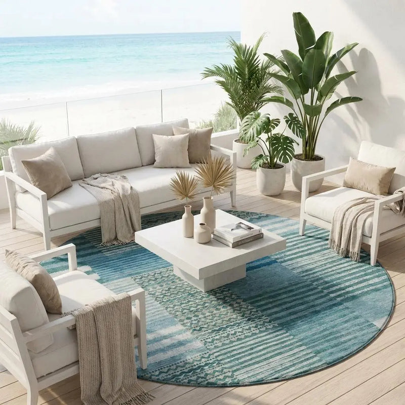 8' Teal Blue And Pewter Round Striped Washable Indoor Outdoor Area Rug Homeroots Outdoor