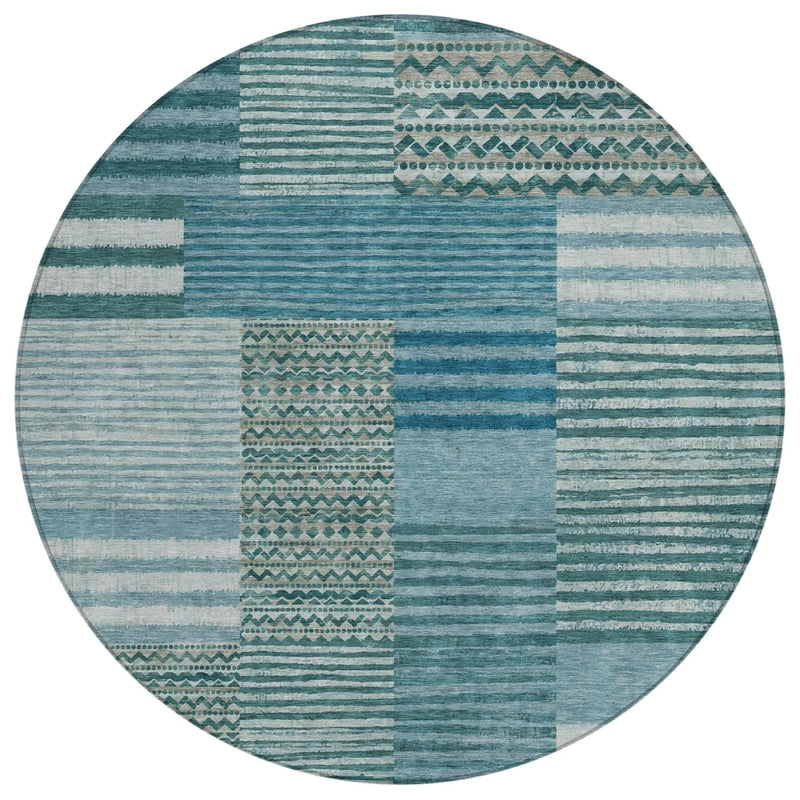 8' Teal Blue And Pewter Round Striped Washable Indoor Outdoor Area Rug Homeroots Outdoor