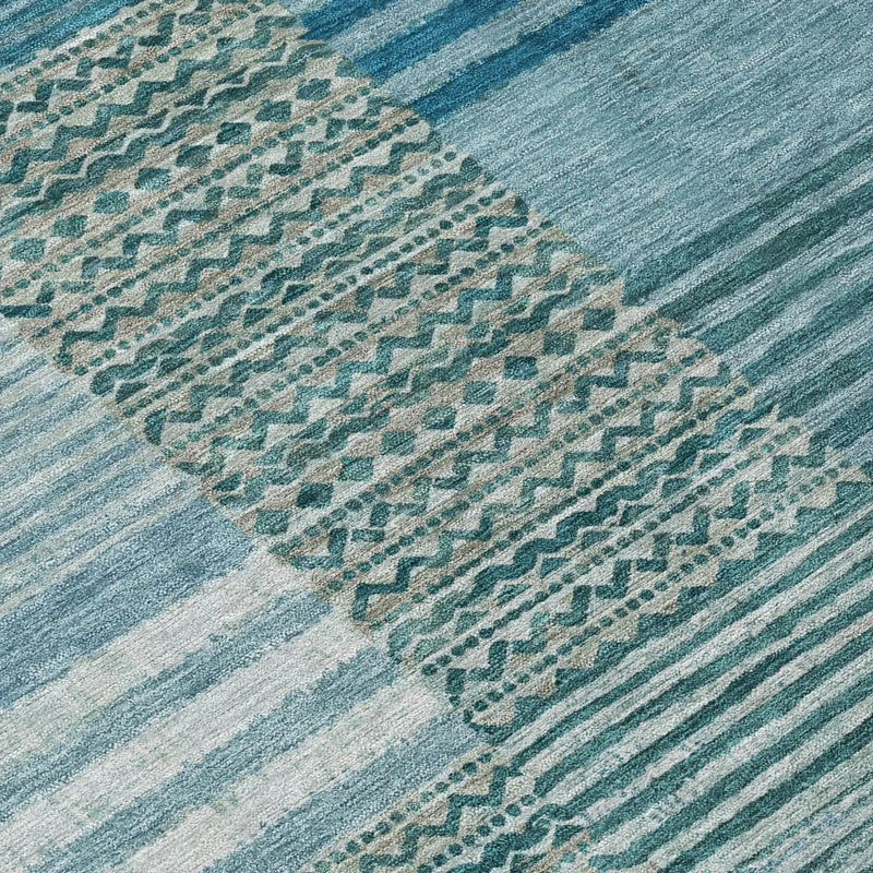 8' Teal Blue And Pewter Round Striped Washable Indoor Outdoor Area Rug Homeroots Outdoor