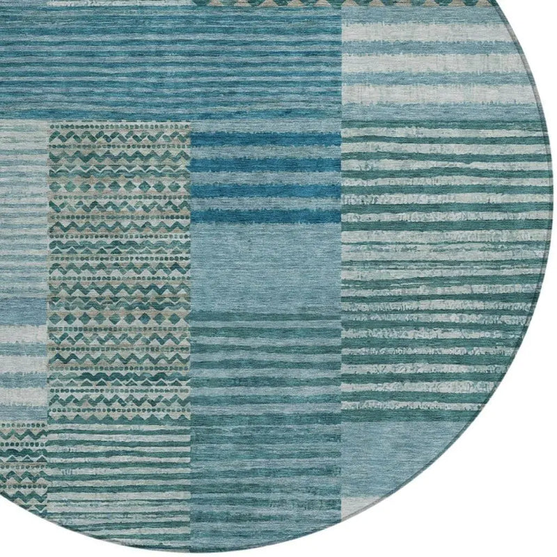 8' Teal Blue And Pewter Round Striped Washable Indoor Outdoor Area Rug Homeroots Outdoor
