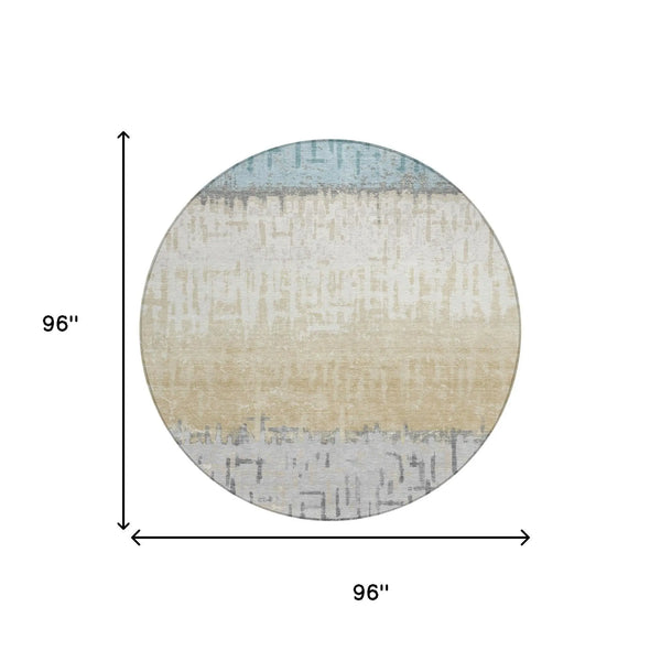 8' Teal Blue And Pewter Round Striped Washable Indoor Outdoor Area Rug Homeroots Outdoor