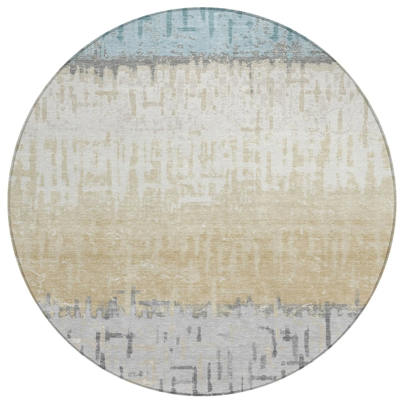 8' Teal Blue And Pewter Round Striped Washable Indoor Outdoor Area Rug Homeroots Outdoor