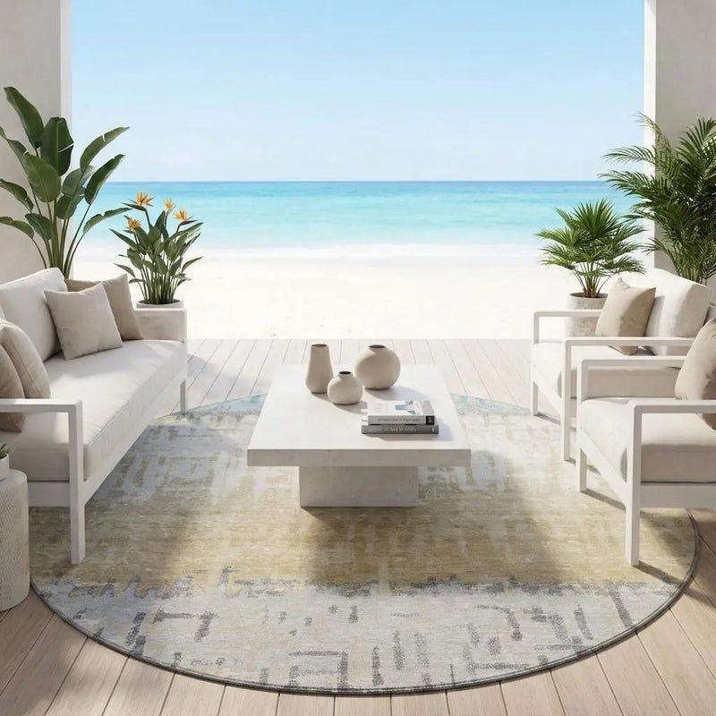 8' Teal Blue And Pewter Round Striped Washable Indoor Outdoor Area Rug Homeroots Outdoor