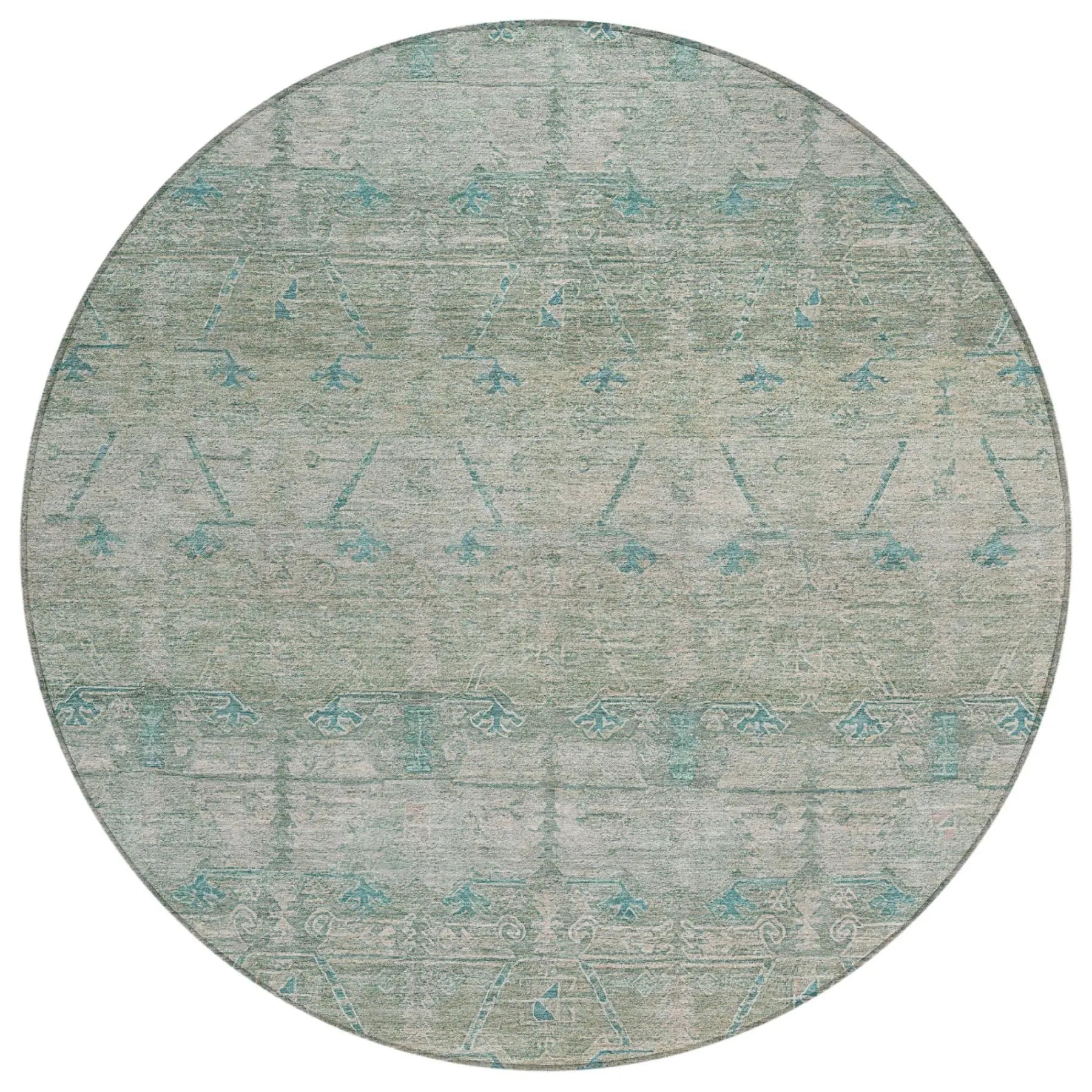 8' Teal Blue And Pewter Round Tribal Washable Indoor Outdoor Area Rug Homeroots Outdoor