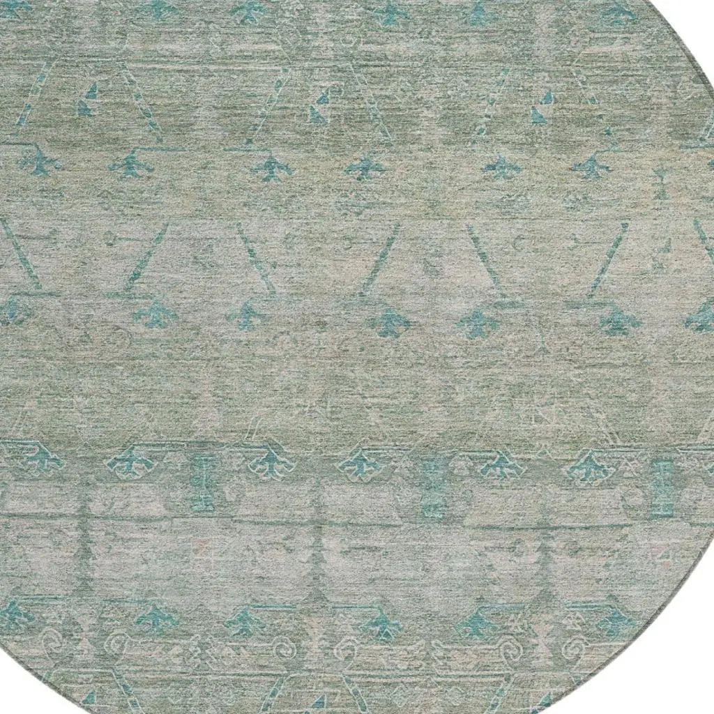 8' Teal Blue And Pewter Round Tribal Washable Indoor Outdoor Area Rug Homeroots Outdoor