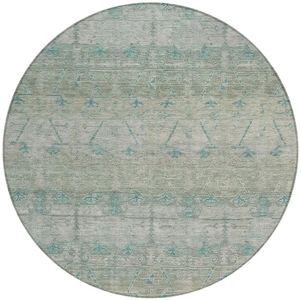 8' Teal Blue And Pewter Round Tribal Washable Indoor Outdoor Area Rug Homeroots Outdoor