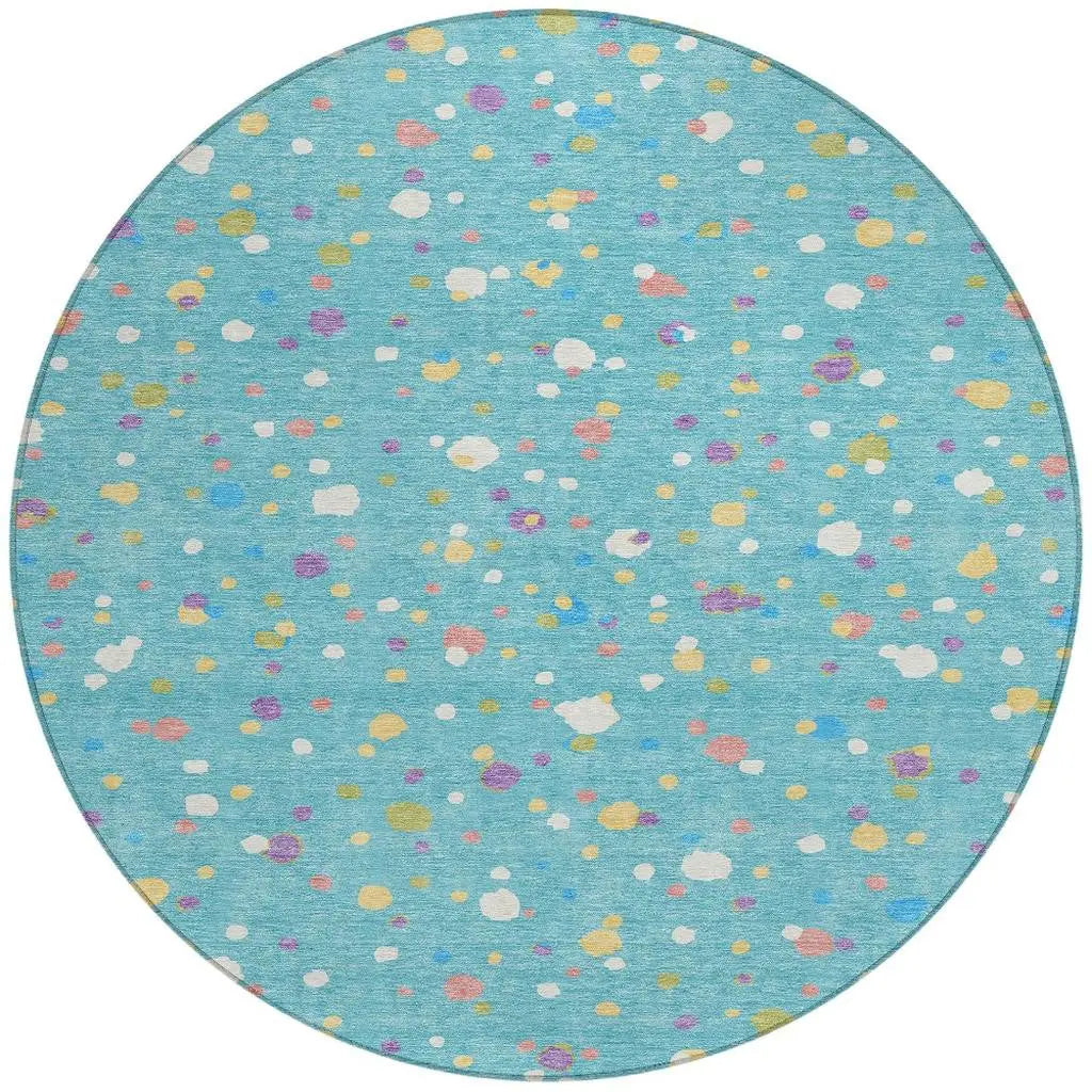 8' Teal Blue And Pink Round Geometric Washable Indoor Outdoor Area Rug Homeroots Outdoor
