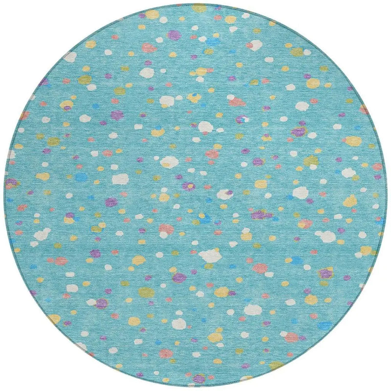 8' Teal Blue And Pink Round Geometric Washable Indoor Outdoor Area Rug Homeroots Outdoor