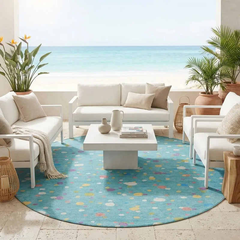 8' Teal Blue And Pink Round Geometric Washable Indoor Outdoor Area Rug Homeroots Outdoor