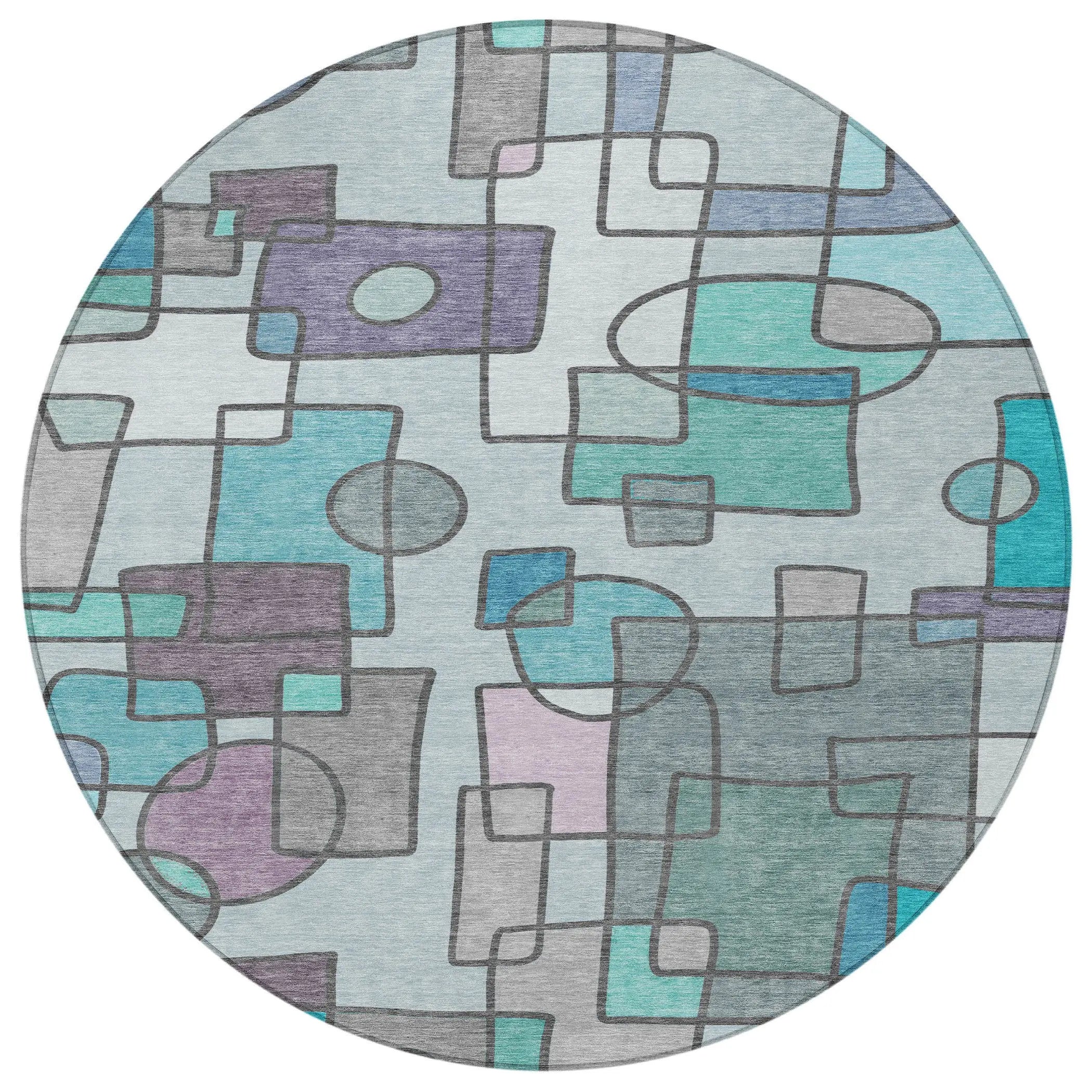8' Teal Blue And Plum Round Geometric Washable Indoor Outdoor Area Rug Homeroots Outdoor