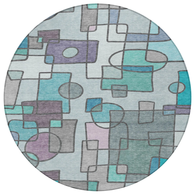 8' Teal Blue And Plum Round Geometric Washable Indoor Outdoor Area Rug Homeroots Outdoor
