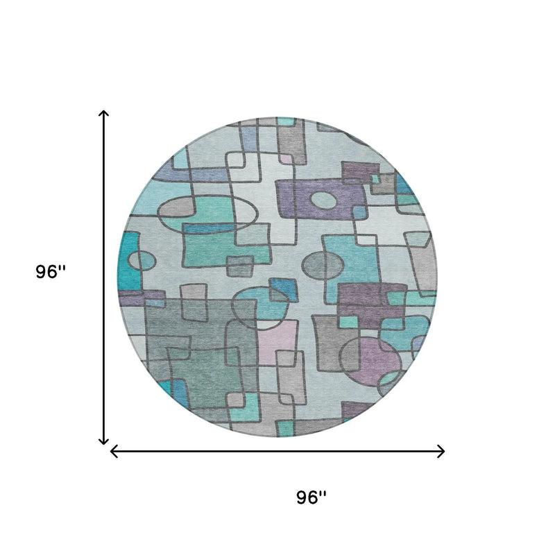 8' Teal Blue And Plum Round Geometric Washable Indoor Outdoor Area Rug Homeroots Outdoor