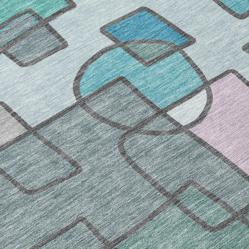 8' Teal Blue And Plum Round Geometric Washable Indoor Outdoor Area Rug Homeroots Outdoor