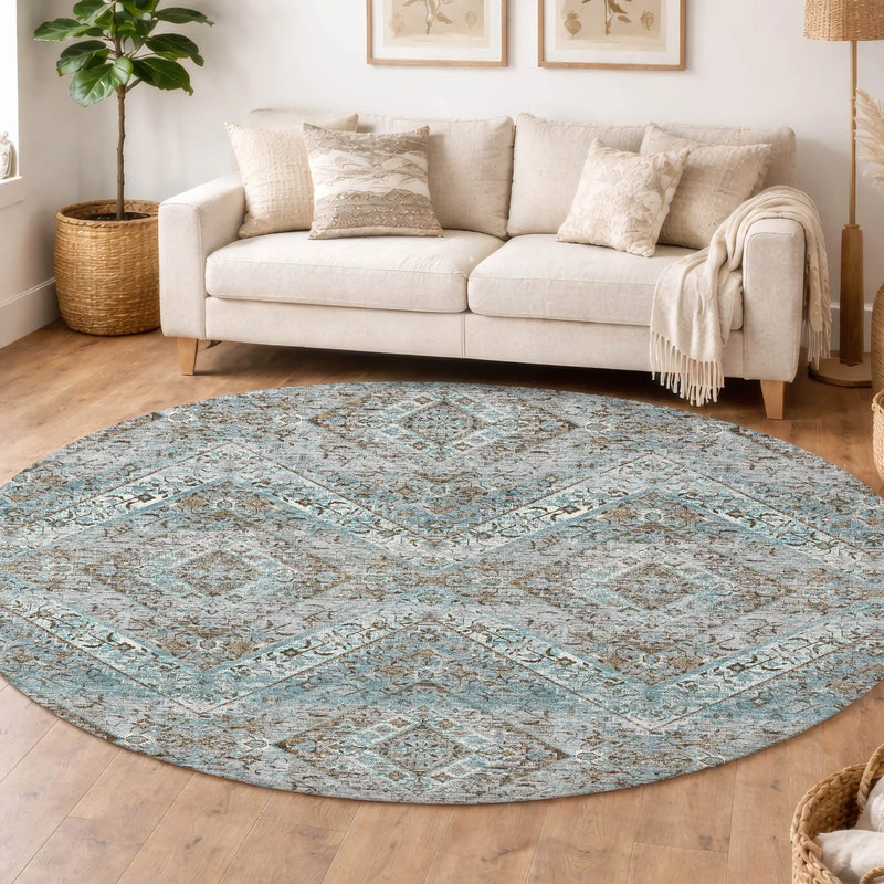 8' Teal Blue And Purple Round Tribal Washable Indoor Outdoor Area Rug Homeroots Outdoor