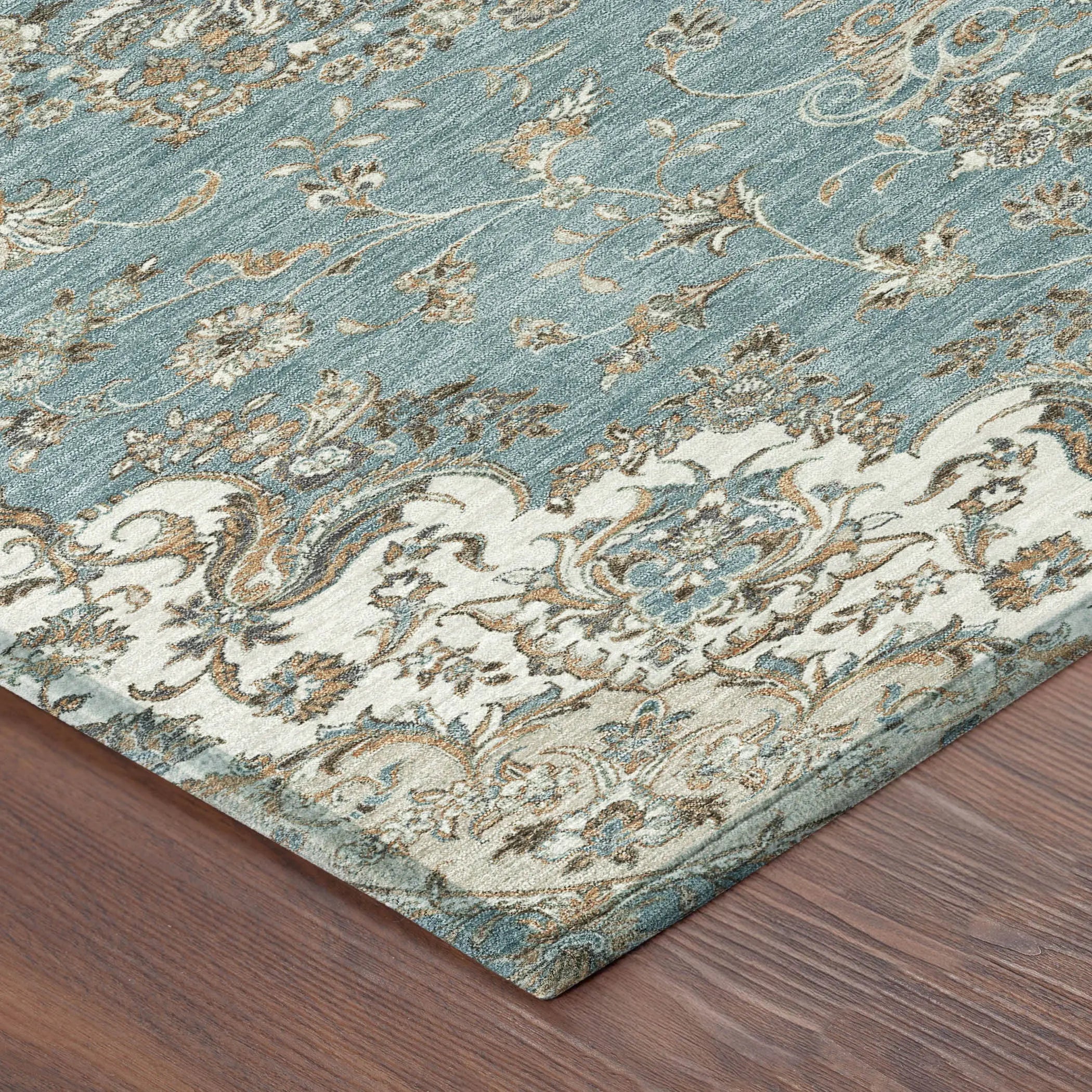 8' Teal Blue And Sage Round Floral Medallion Washable Indoor Outdoor Area Rug Homeroots Outdoor