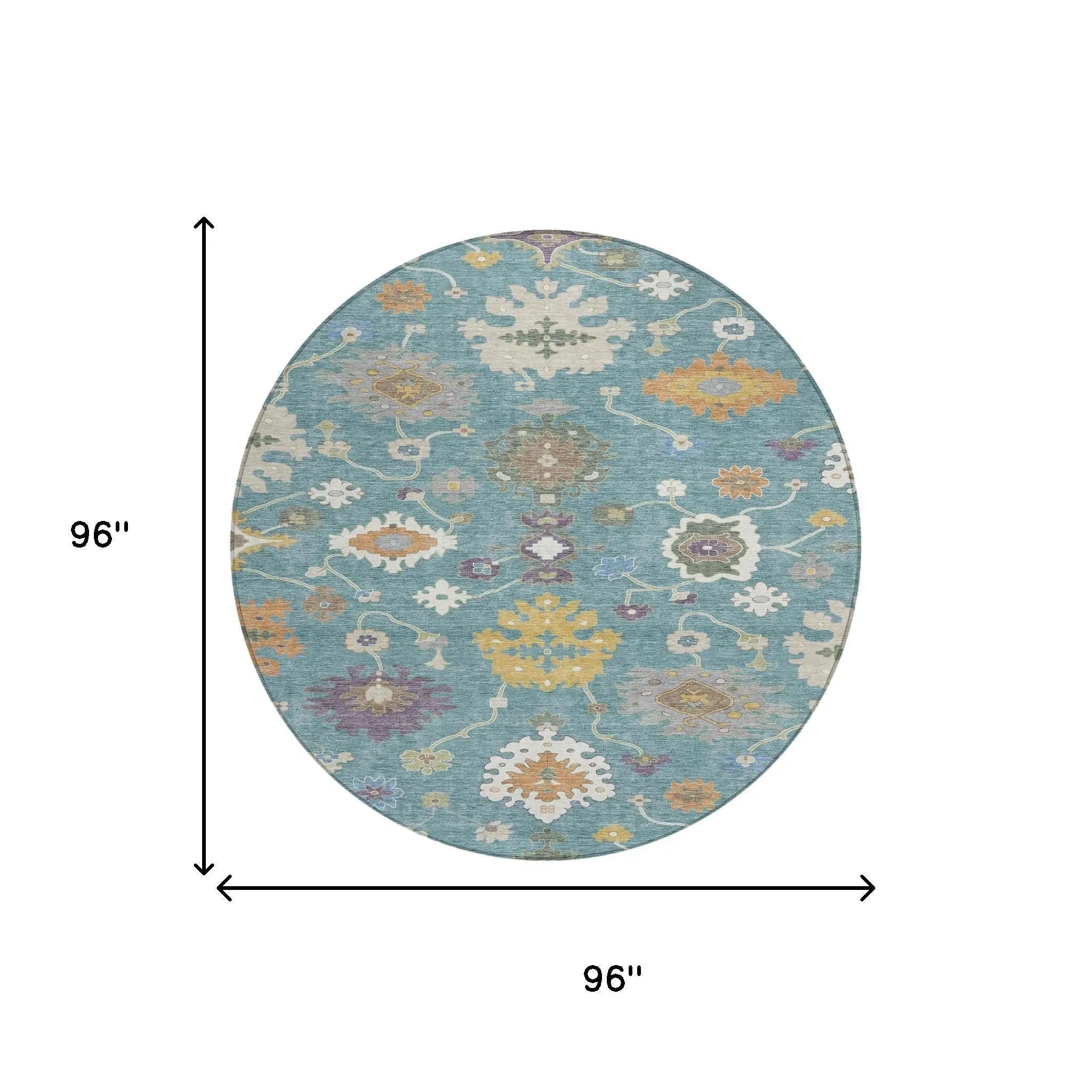 8' Teal Blue And Sage Round Oriental Washable Indoor Outdoor Area Rug Homeroots Outdoor