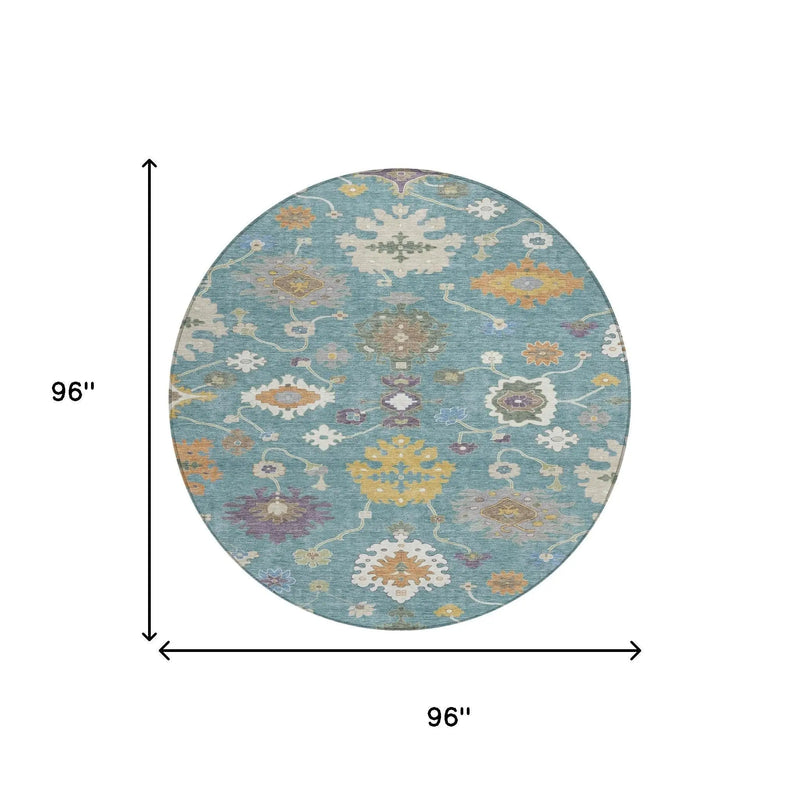 8' Teal Blue And Sage Round Oriental Washable Indoor Outdoor Area Rug Homeroots Outdoor