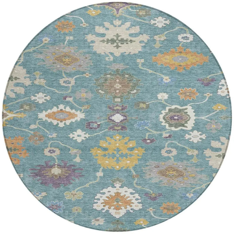 8' Teal Blue And Sage Round Oriental Washable Indoor Outdoor Area Rug Homeroots Outdoor