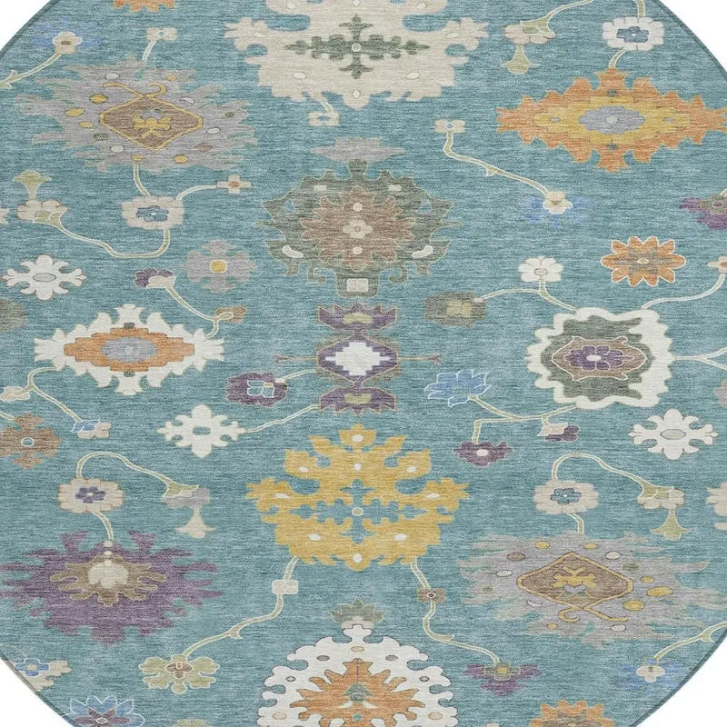 8' Teal Blue And Sage Round Oriental Washable Indoor Outdoor Area Rug Homeroots Outdoor