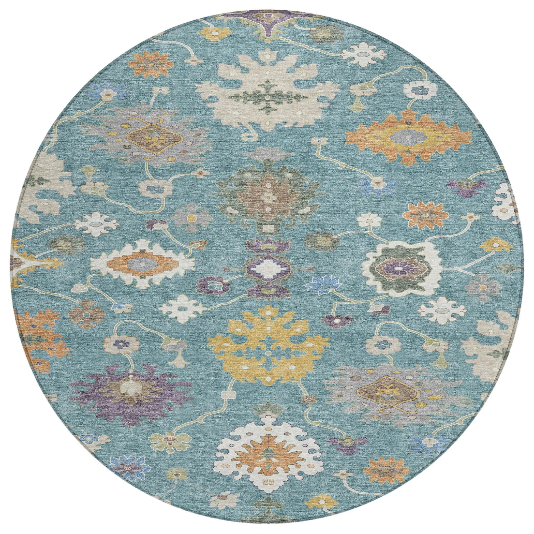 8' Teal Blue And Sage Round Oriental Washable Indoor Outdoor Area Rug Homeroots Outdoor