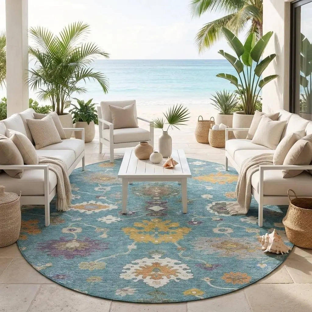 8' Teal Blue And Sage Round Oriental Washable Indoor Outdoor Area Rug Homeroots Outdoor