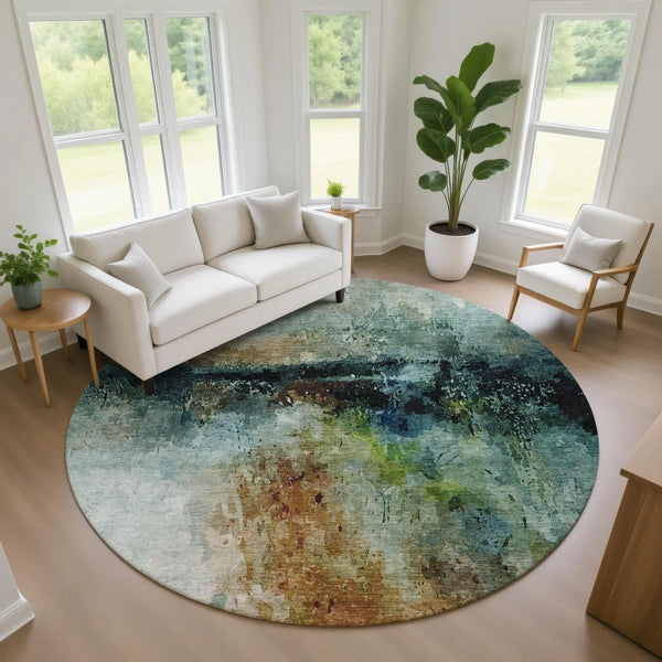 8' Teal Blue And Silver Round Abstract Washable Indoor Outdoor Area Rug Homeroots Outdoor