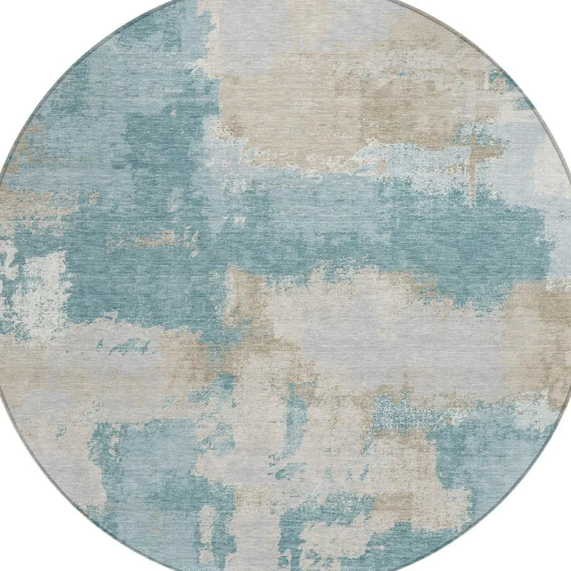 8' Teal Blue And Silver Round Abstract Washable Indoor Outdoor Area Rug Homeroots Outdoor