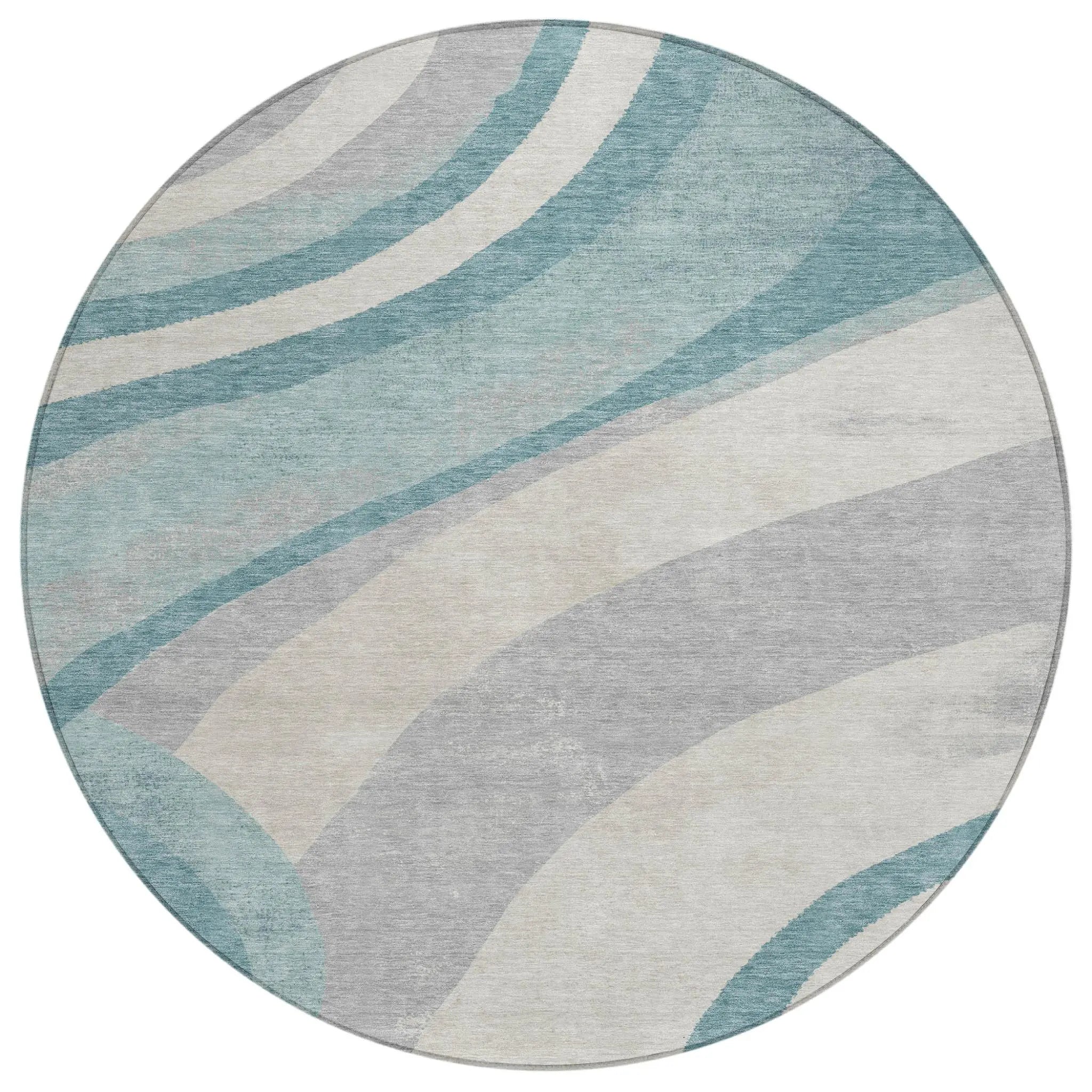 8' Teal Blue And Silver Round Abstract Washable Indoor Outdoor Area Rug Homeroots Outdoor