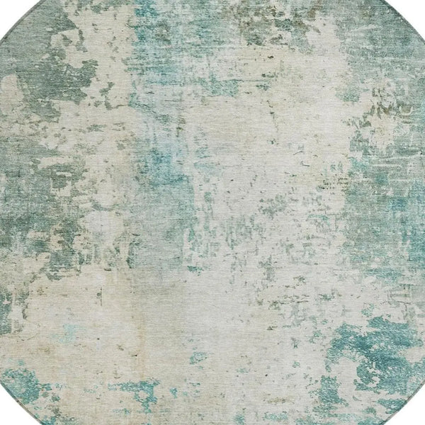 8' Teal Blue And Silver Round Abstract Washable Indoor Outdoor Area Rug Homeroots Outdoor