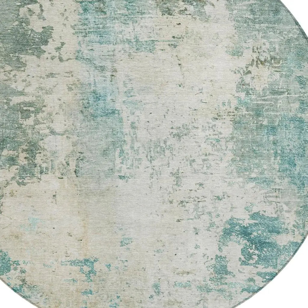 8' Teal Blue And Silver Round Abstract Washable Indoor Outdoor Area Rug Homeroots Outdoor