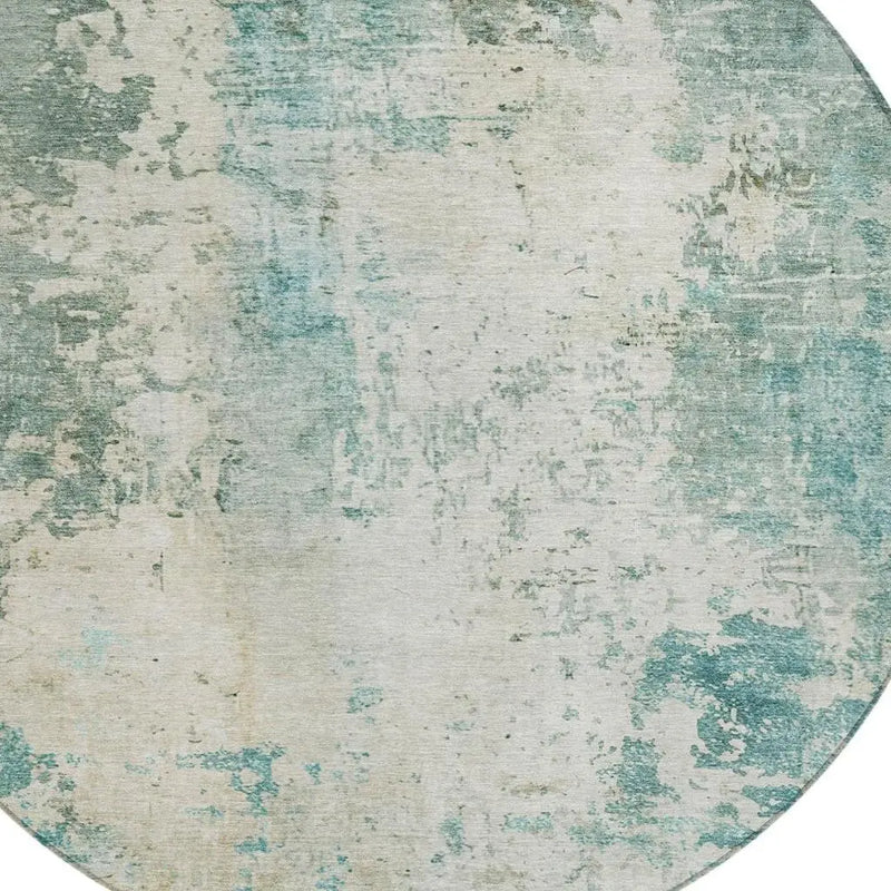 8' Teal Blue And Silver Round Abstract Washable Indoor Outdoor Area Rug Homeroots Outdoor