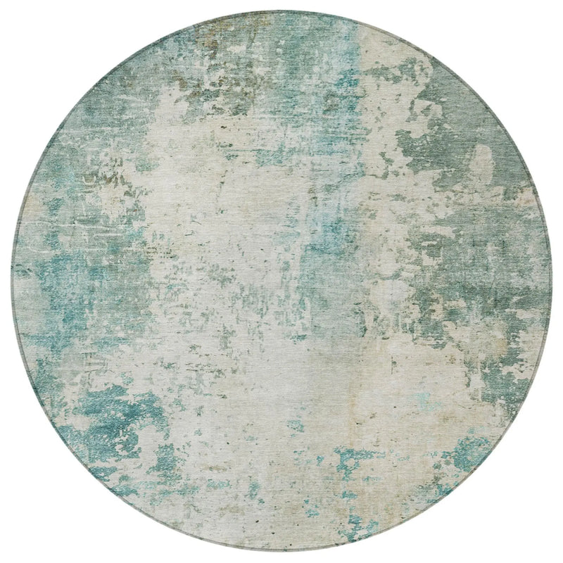 8' Teal Blue And Silver Round Abstract Washable Indoor Outdoor Area Rug Homeroots Outdoor