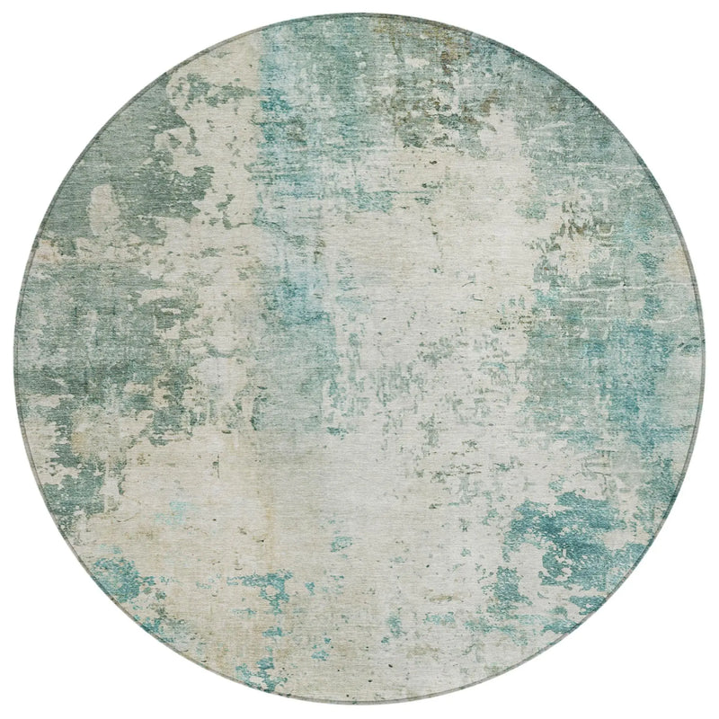 8' Teal Blue And Silver Round Abstract Washable Indoor Outdoor Area Rug Homeroots Outdoor