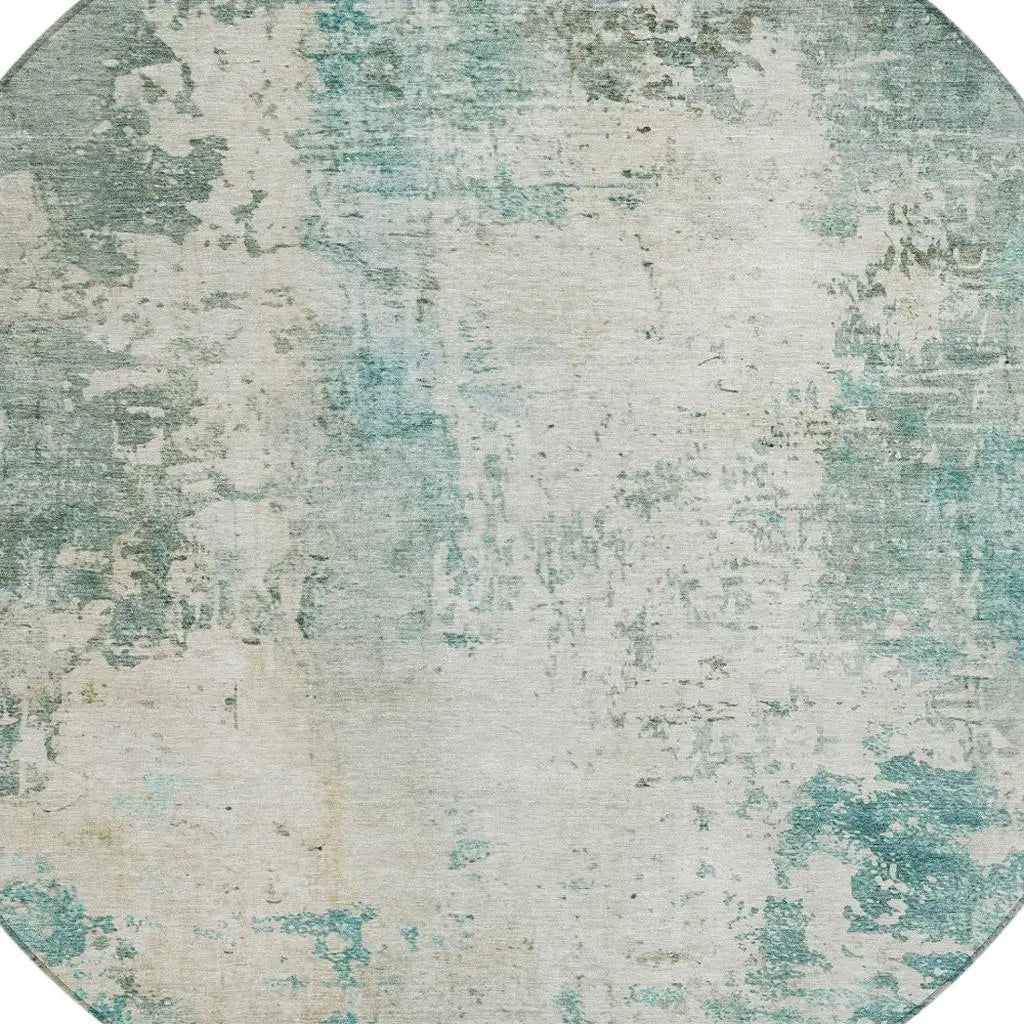 8' Teal Blue And Silver Round Abstract Washable Indoor Outdoor Area Rug Homeroots Outdoor