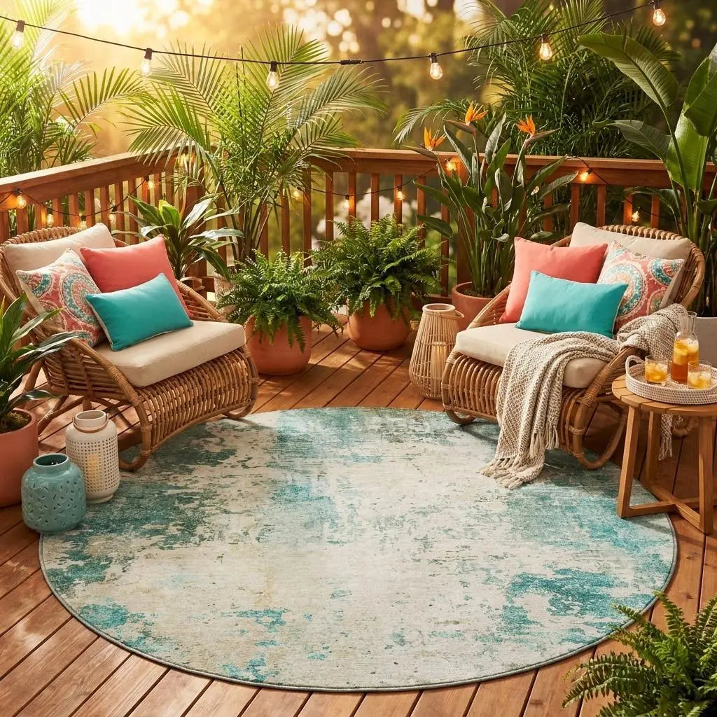 8' Teal Blue And Silver Round Abstract Washable Indoor Outdoor Area Rug Homeroots Outdoor