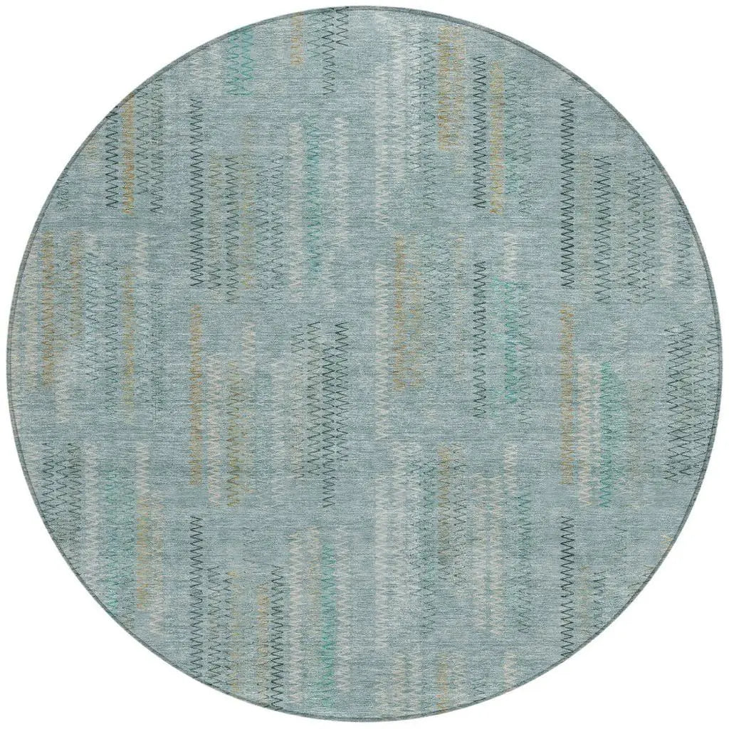 8' Teal Blue And Silver Round Abstract Washable Indoor Outdoor Area Rug Homeroots Outdoor