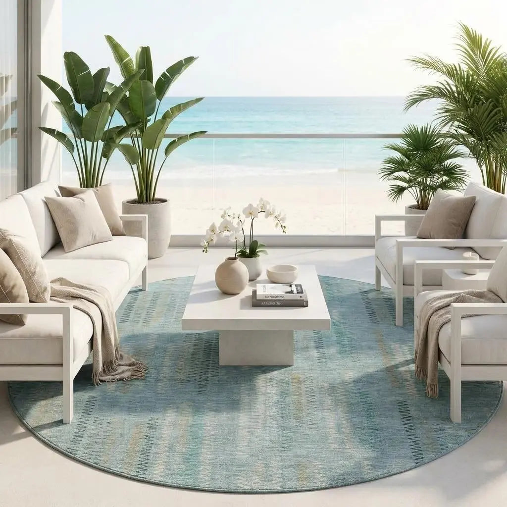 8' Teal Blue And Silver Round Abstract Washable Indoor Outdoor Area Rug Homeroots Outdoor