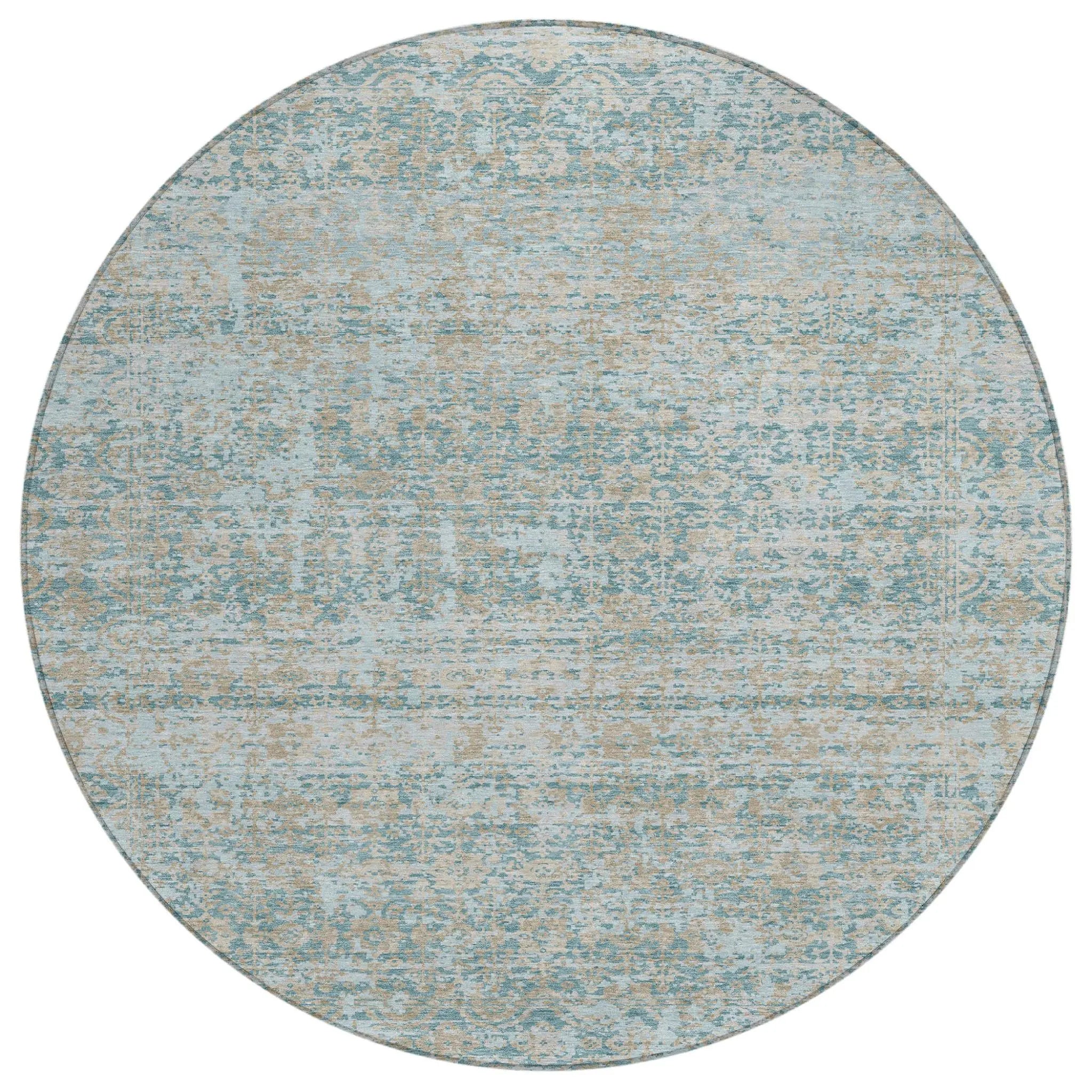 8' Teal Blue And Silver Round Abstract Washable Indoor Outdoor Area Rug Homeroots Outdoor