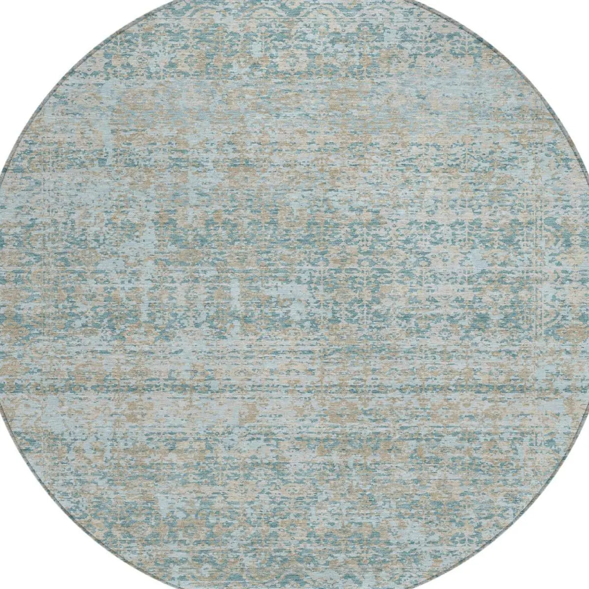 8' Teal Blue And Silver Round Abstract Washable Indoor Outdoor Area Rug Homeroots Outdoor