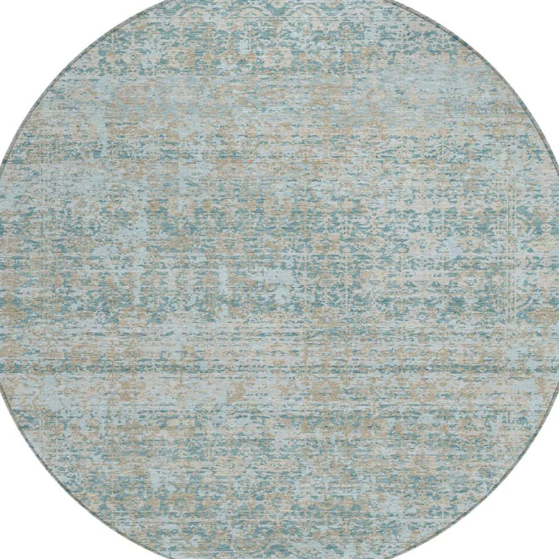 8' Teal Blue And Silver Round Abstract Washable Indoor Outdoor Area Rug Homeroots Outdoor