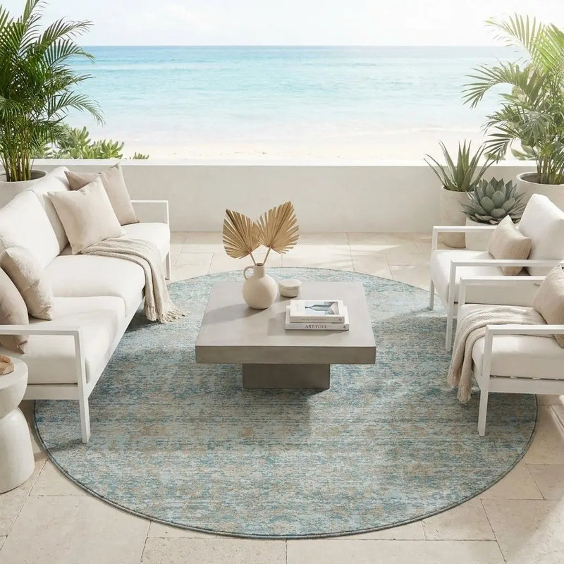 8' Teal Blue And Silver Round Abstract Washable Indoor Outdoor Area Rug Homeroots Outdoor