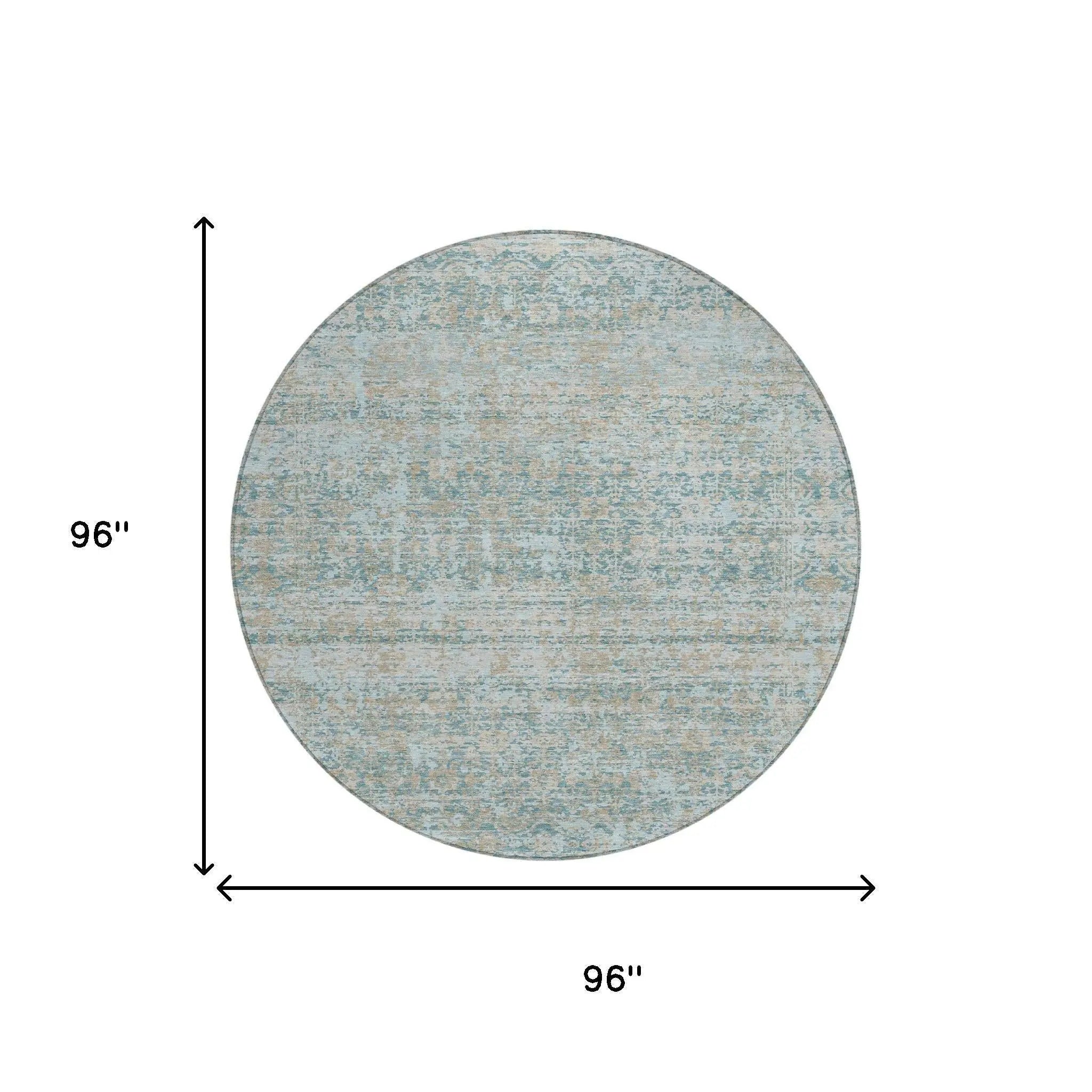 8' Teal Blue And Silver Round Abstract Washable Indoor Outdoor Area Rug Homeroots Outdoor