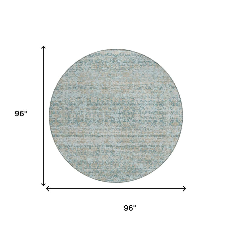 8' Teal Blue And Silver Round Abstract Washable Indoor Outdoor Area Rug Homeroots Outdoor