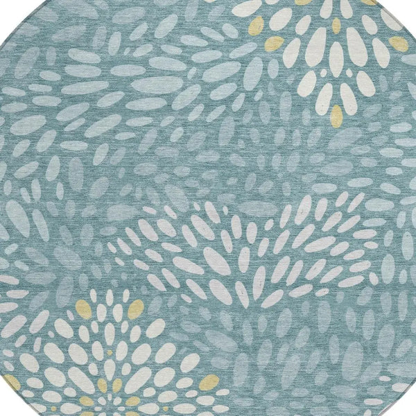 8' Teal Blue And Silver Round Abstract Washable Indoor Outdoor Area Rug Homeroots Outdoor