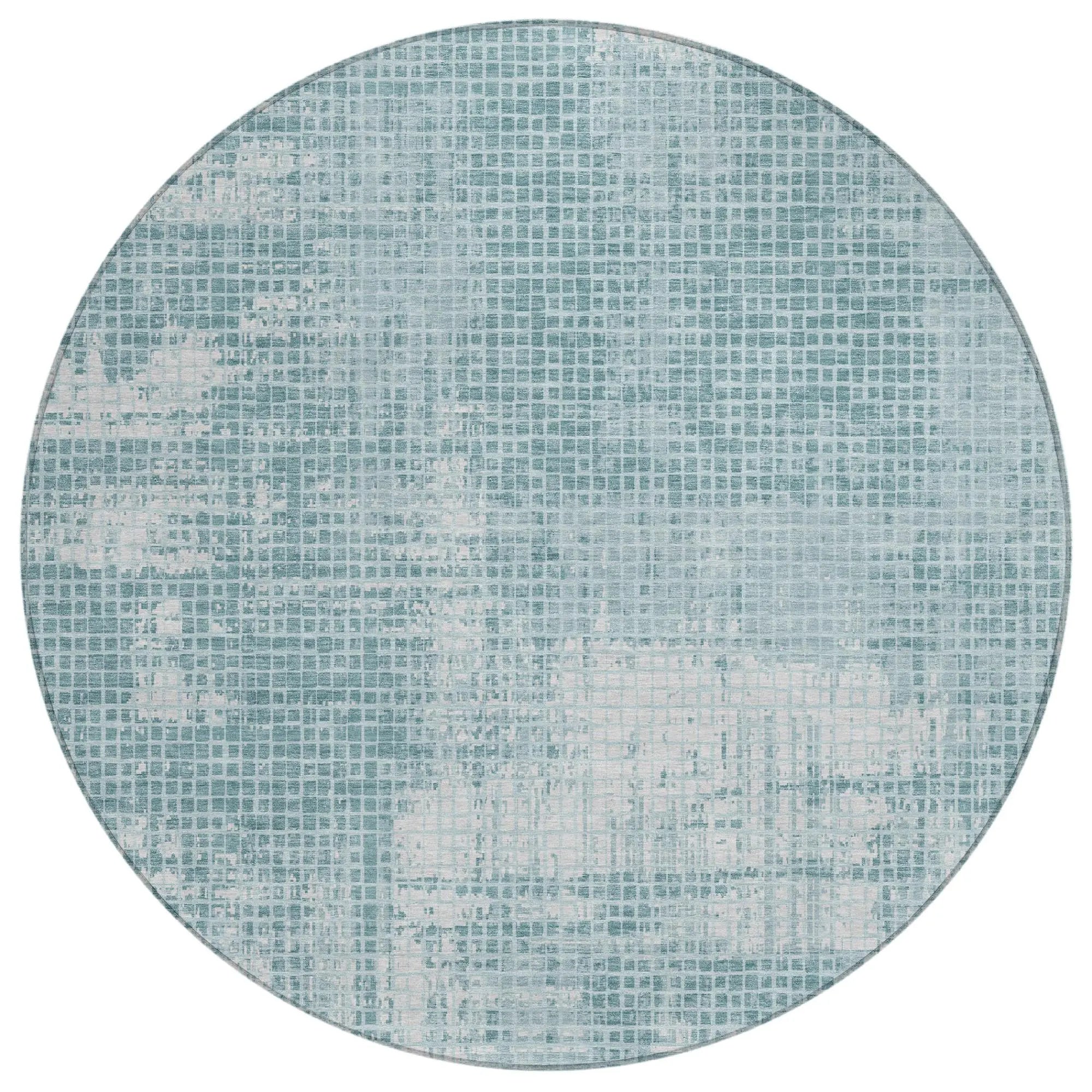 8' Teal Blue And Silver Round Abstract Washable Indoor Outdoor Area Rug Homeroots Outdoor