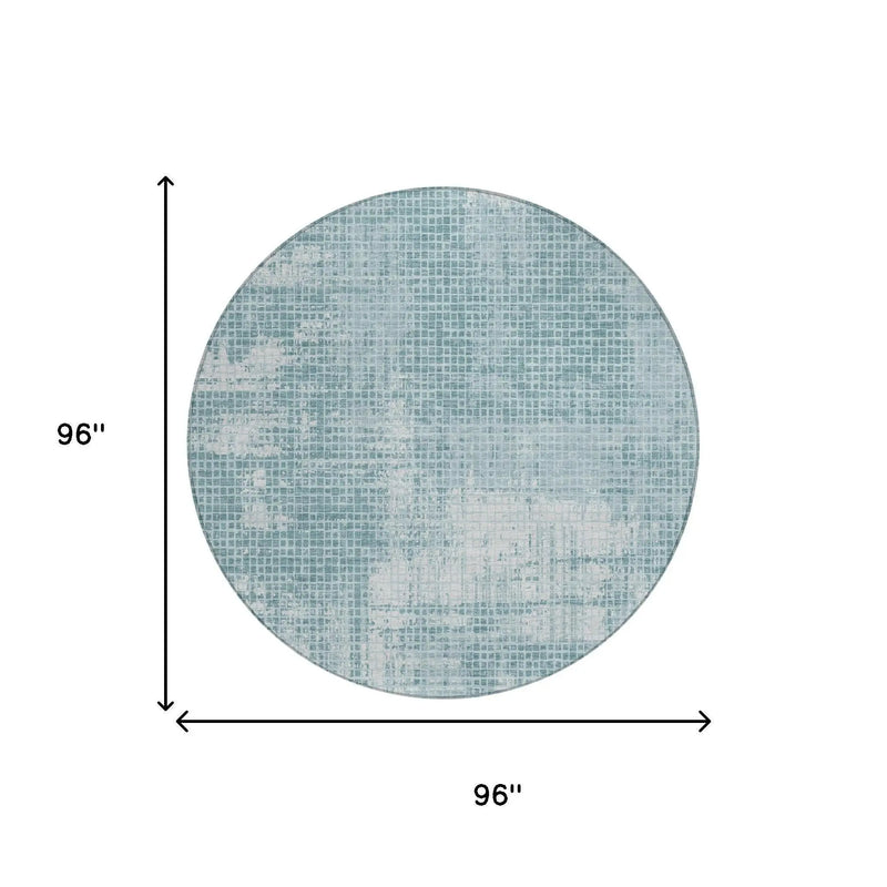 8' Teal Blue And Silver Round Abstract Washable Indoor Outdoor Area Rug Homeroots Outdoor